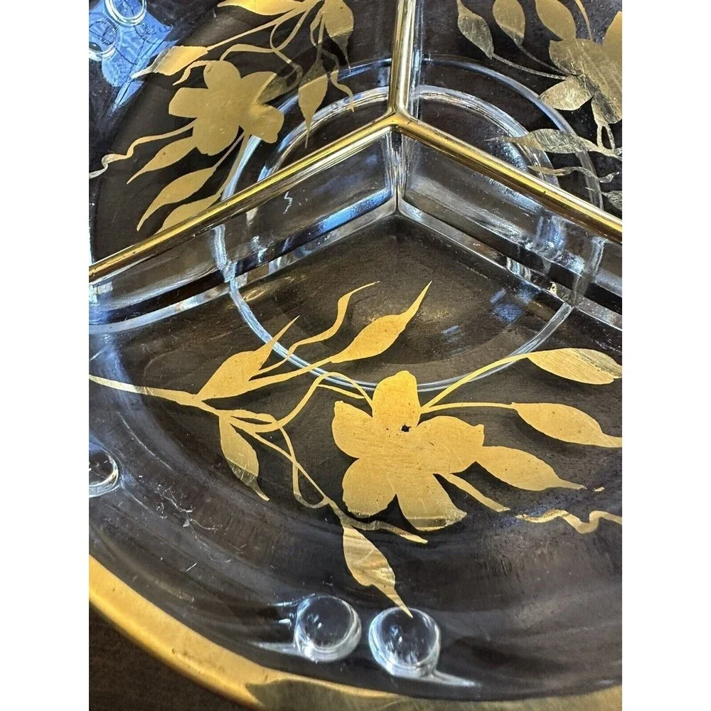 Vintage three sectioned gold trimmed candy dish, 8 inch diameter, MCM, holiday